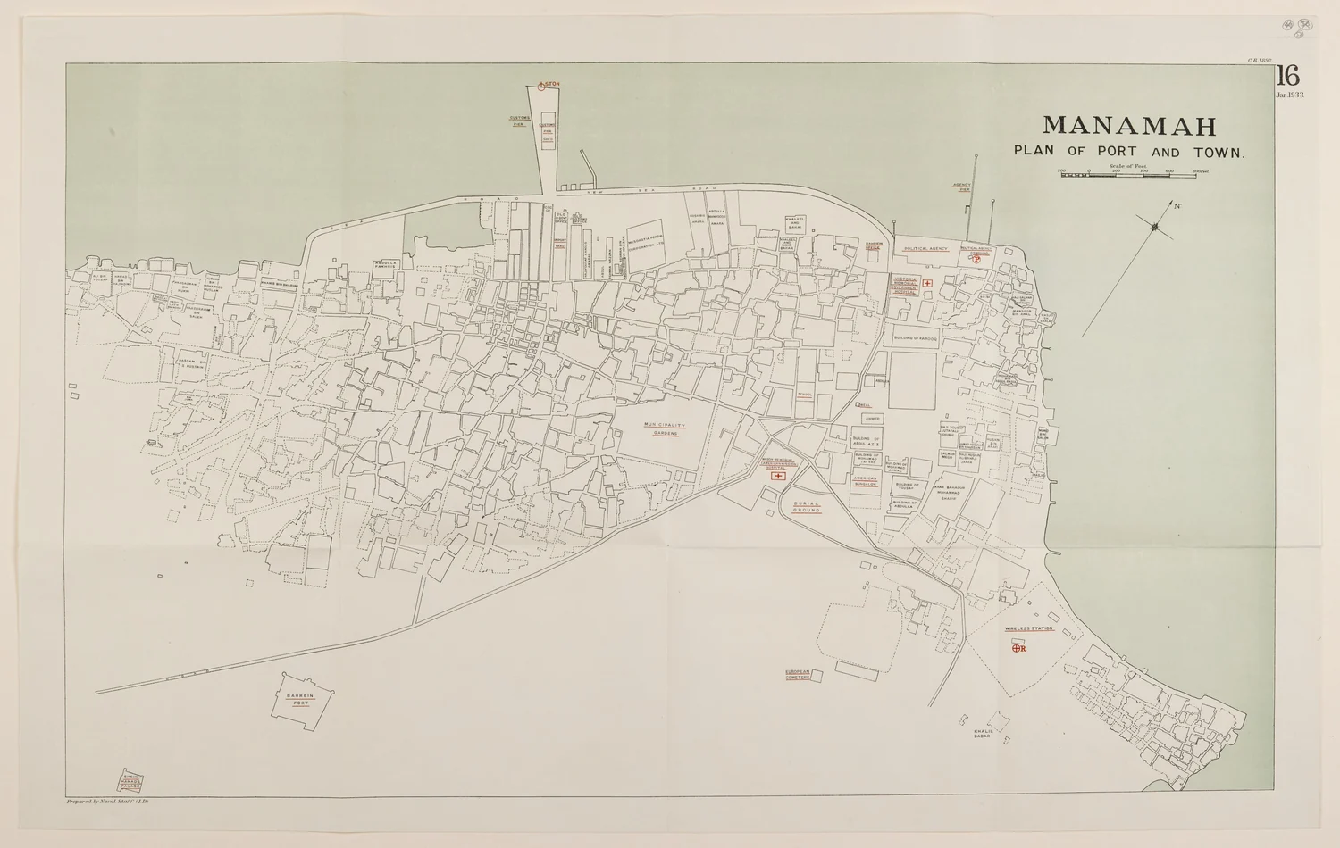 一九三三年一月的麥納瑪港口與街道圖。海關碼頭伸出岸邊,「New Sea Road」沿海旁鋪開,倉庫與市集街巷在陸上相接。