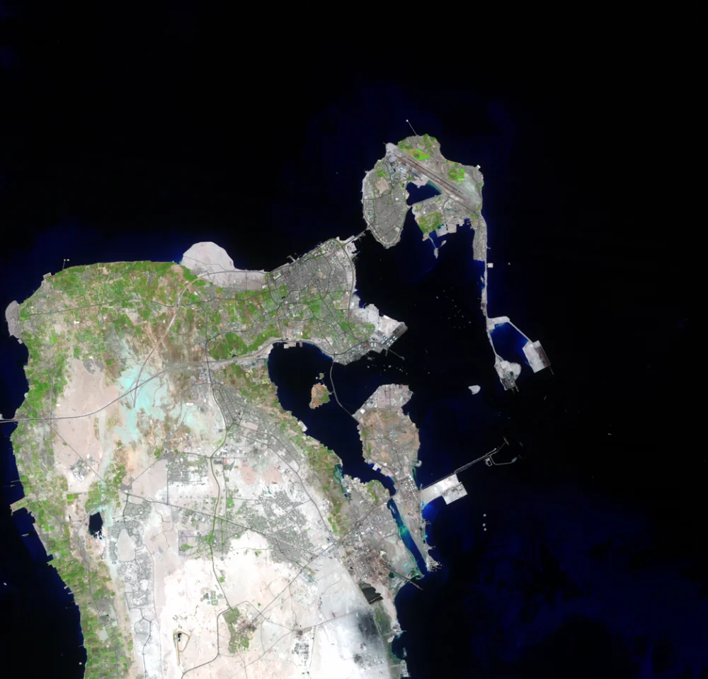 Landsat 5 於一九八七年八月一日記錄的麥納瑪及周邊海岸。圖中綠色代表植被;衛星資料經波段合成處理。