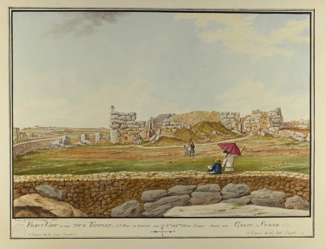 Charles Frederick de Brocktorff 筆下的 Ġgantija 神廟，記下十九世紀初所見的遺跡，並非史前建造時的畫面。