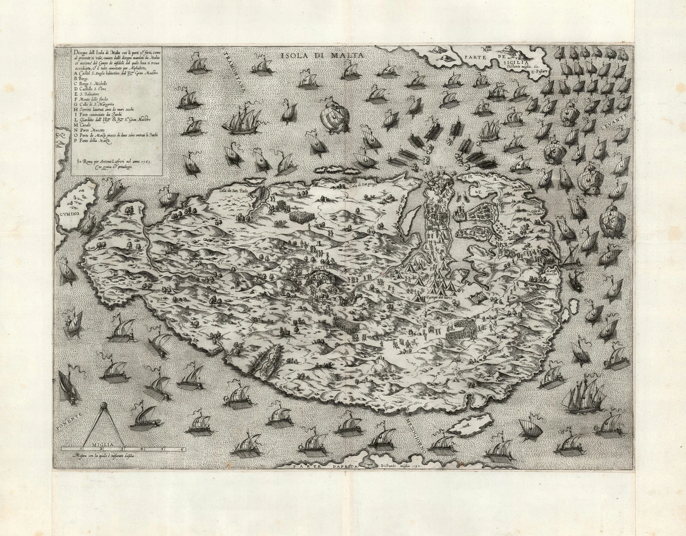 1565 年出版的大圍城地圖，描繪港口、堡壘與圍城初期的部署。