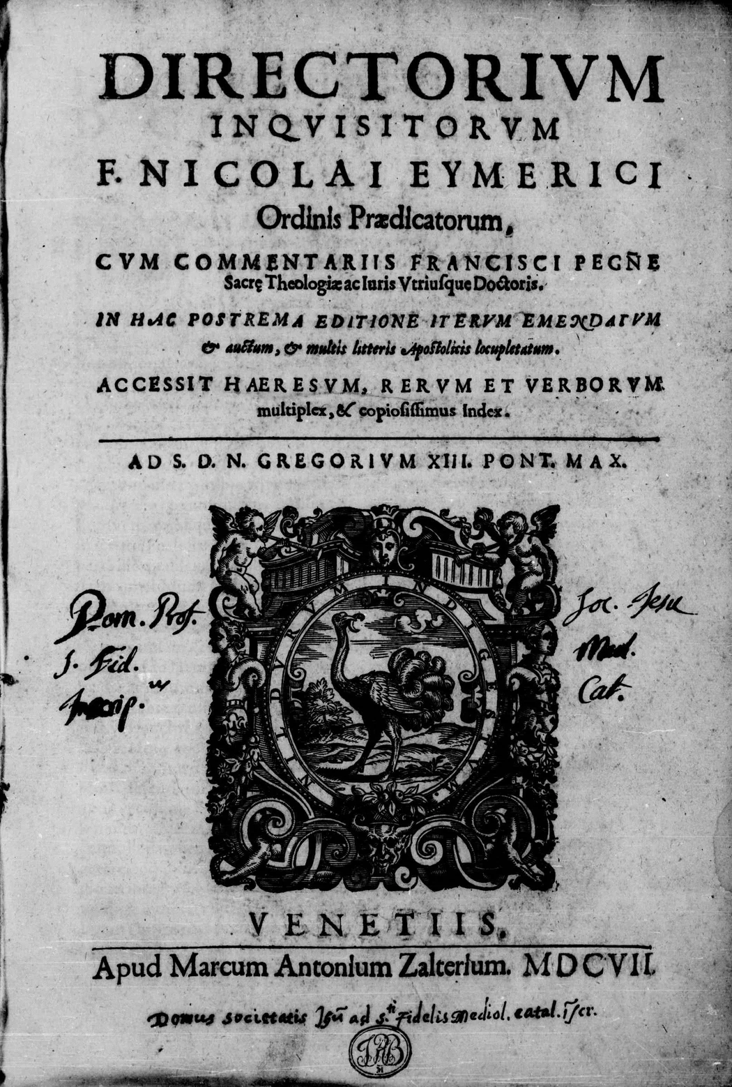 《宗教裁判官指南》（Directorium inquisitorum）1607年威尼斯版扉頁。艾默里奇的原文附有佩尼亞評註，屬歐洲宗教裁判制度的參考文獻，並非馬爾他案卷。